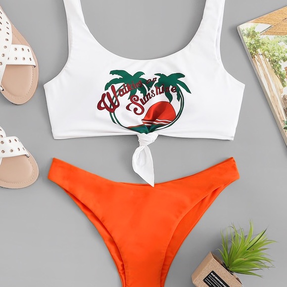 orange and white bathing suit